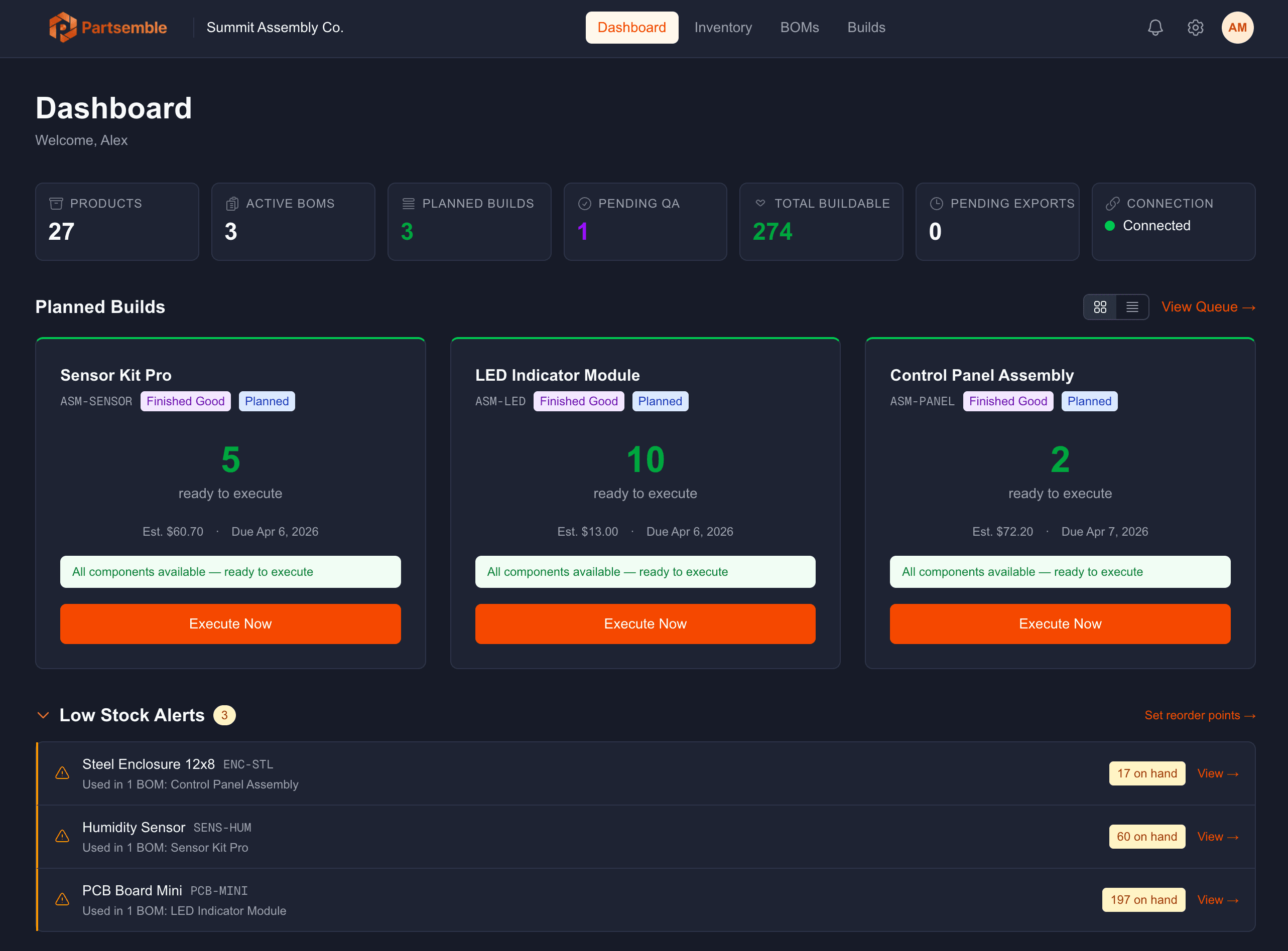 Partsemble dashboard showing buildable products, inventory stats, and build queue