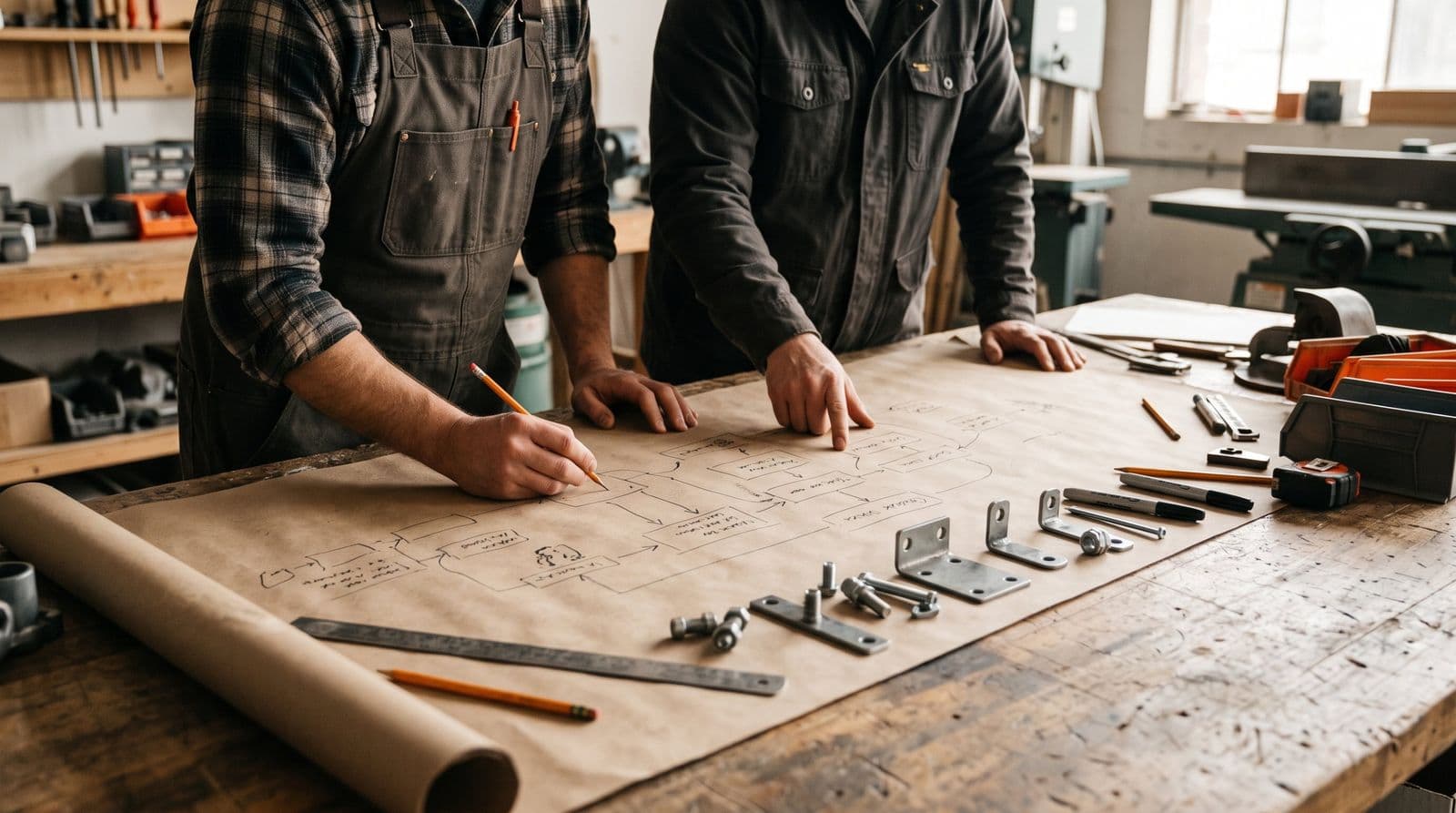 Two people mapping out a process on paper at a workbench, parts laid out beside it