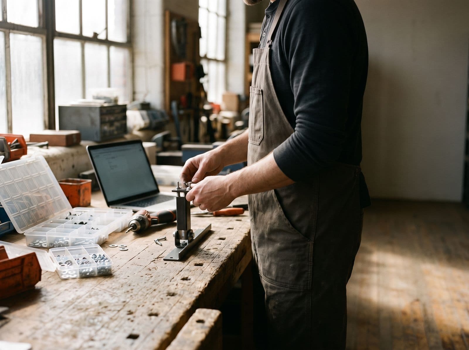 An assembly bench in a small workshop, a kit being put together beside an open laptop